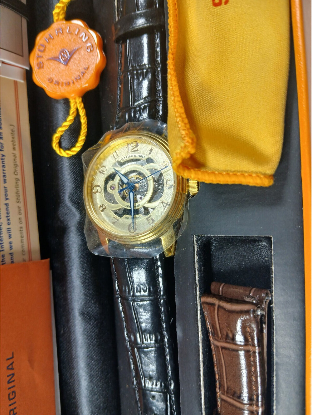 Mens Stuhrling Original Skeleton Gold 20 Jewels Automatic Watch no. 90050 NIB